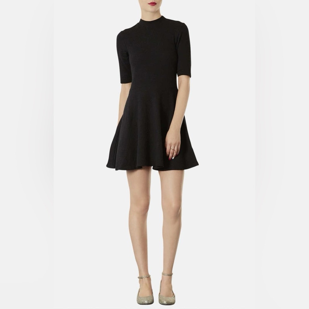 NWOT Topshop Mock Neck Textured Skater Dress in Black